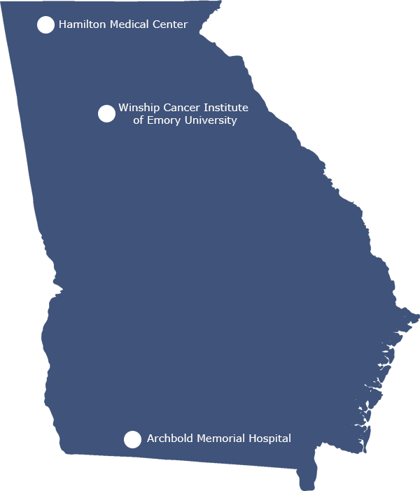 Map of Georgia with points showing Winship Cancer Network affiliates