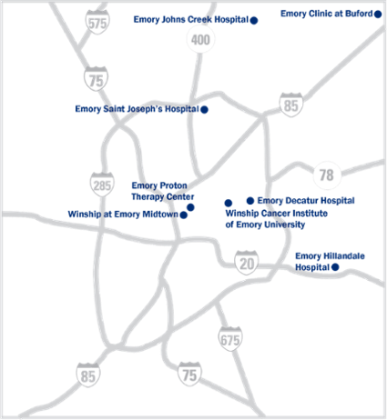 Map depciting Winship locations in metro Atlanta area