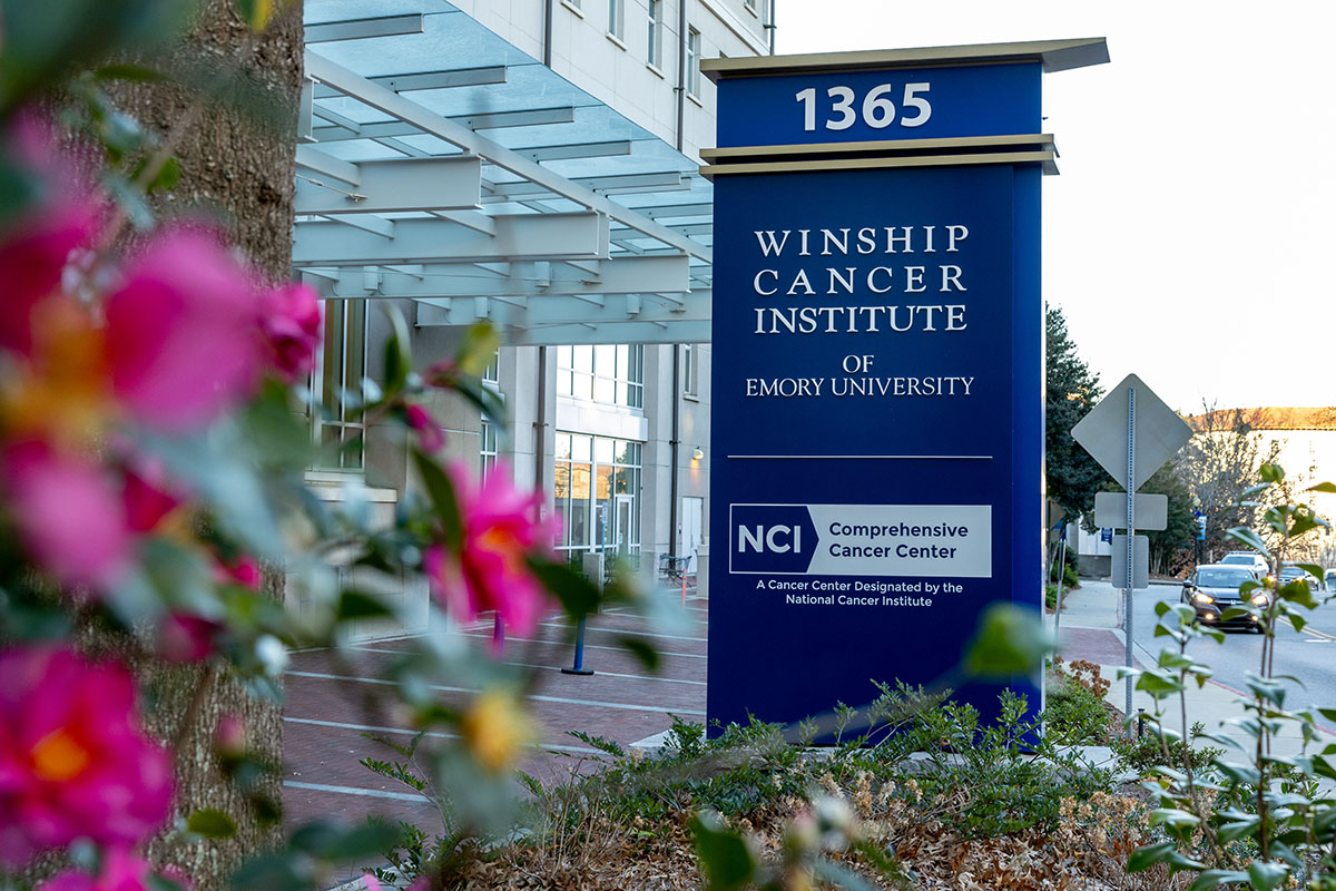Front entrance sign at Winship Cancer Institute on the Emory University campus.