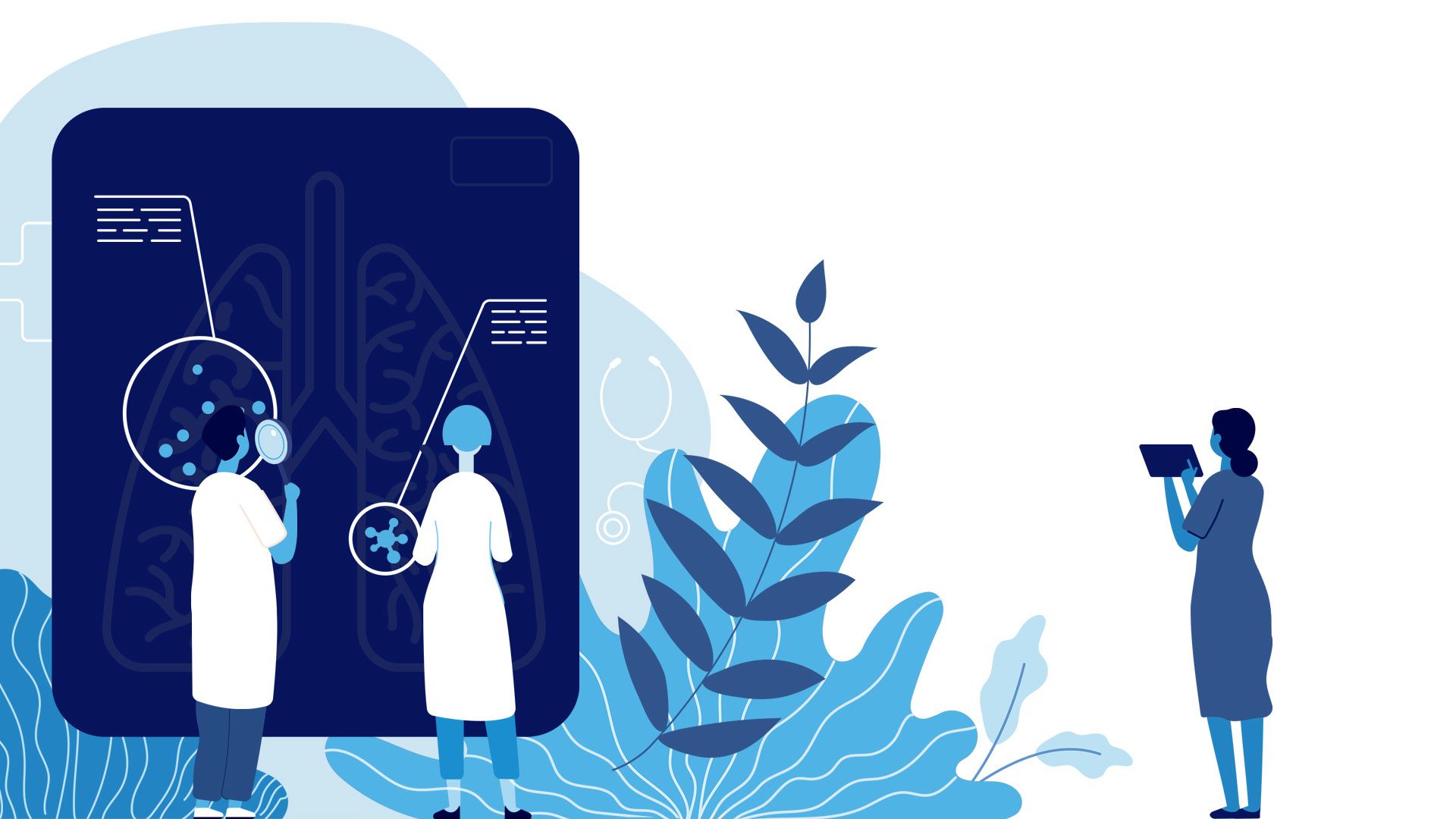 Illustration of clinical researchers conducting safety and efficacy tests.