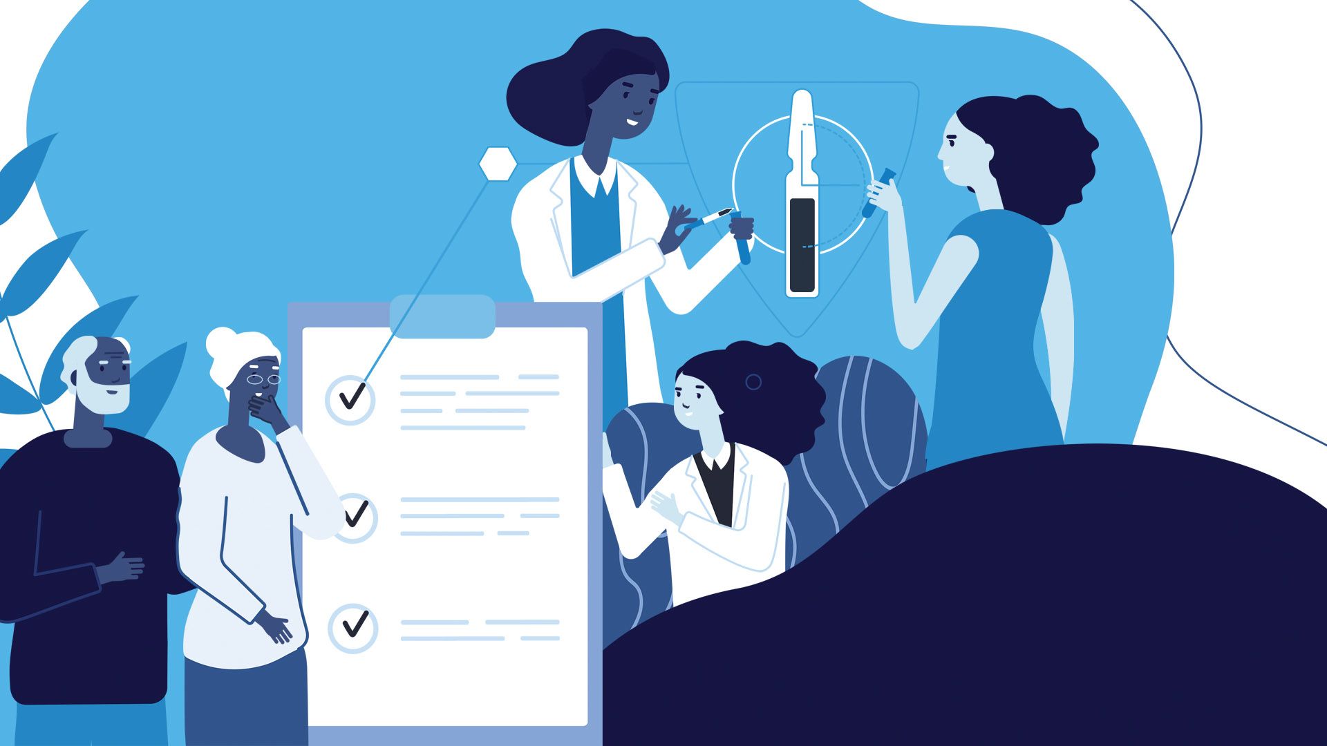 Illustration depicting patients and medical staff discussing clinical trials.