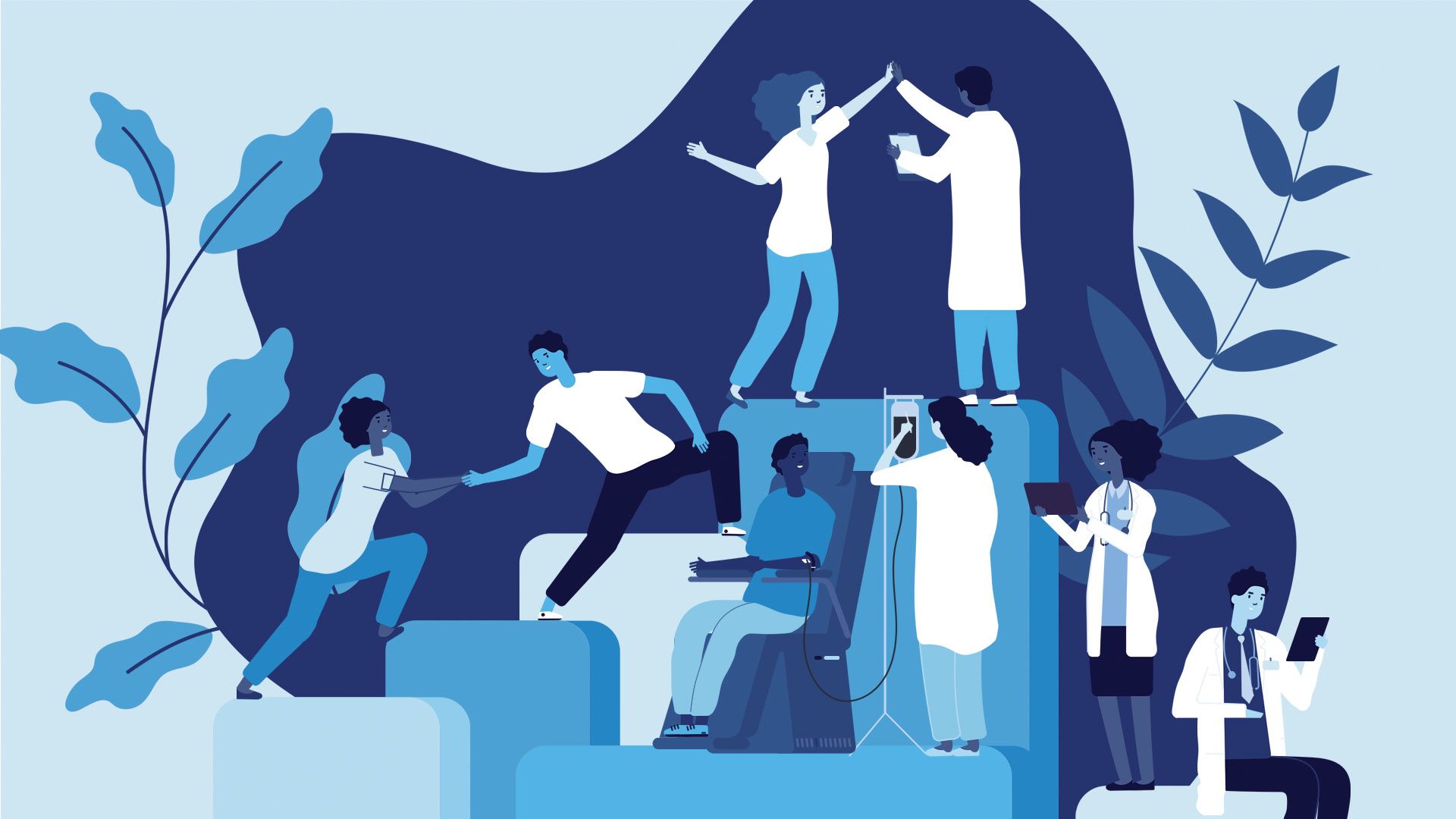 Illustration depicting patients and medical staff as part of an escalating process of care.