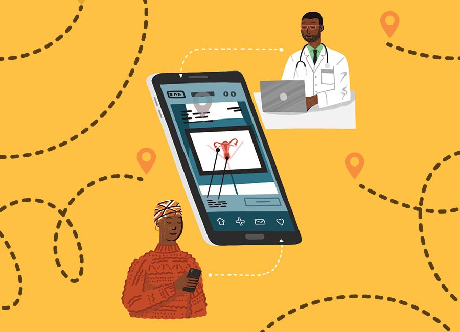 an illustration showing an african american woman using her smart phone to contact her doctor about her HPV test results.