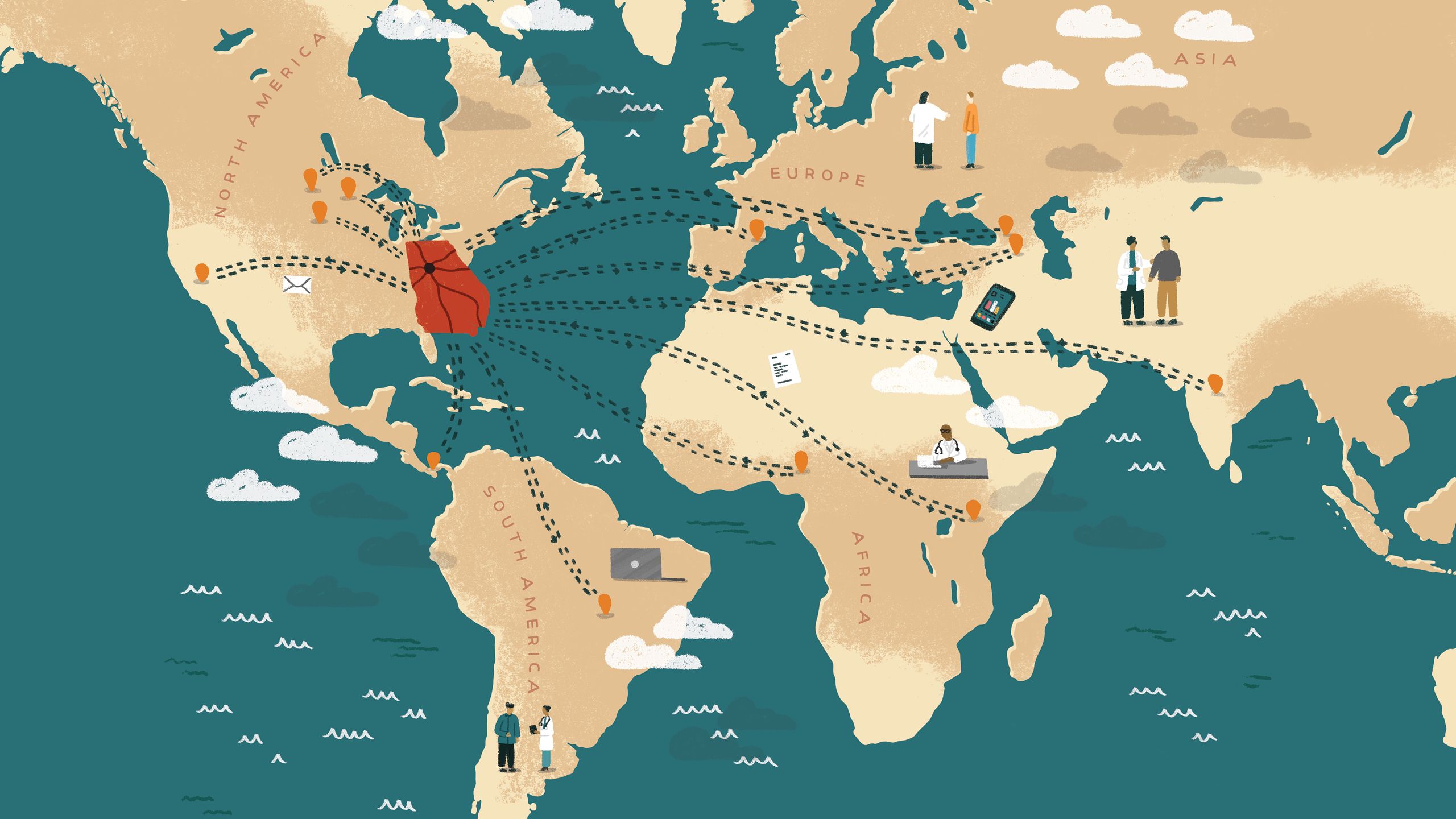 an illustration depicting a world map with pinpoints showing where winship cancer is working on collaboration around the world.