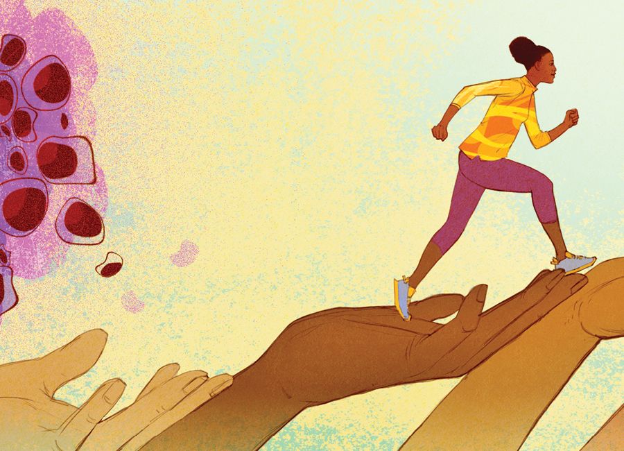 an illustration of a african american woman speed walking up away from an abstract cancer mass and going upward toward the sky with the help of multiracial hands.