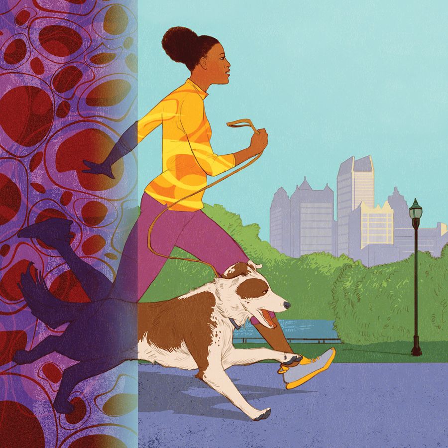 an illustration of a african american woman running with her brown and white dog through atlanta's peidmont park.