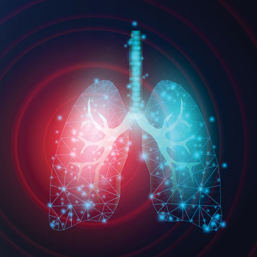 a abstract background illustration of a lung with a highlighted red arrow indicting the tumor.