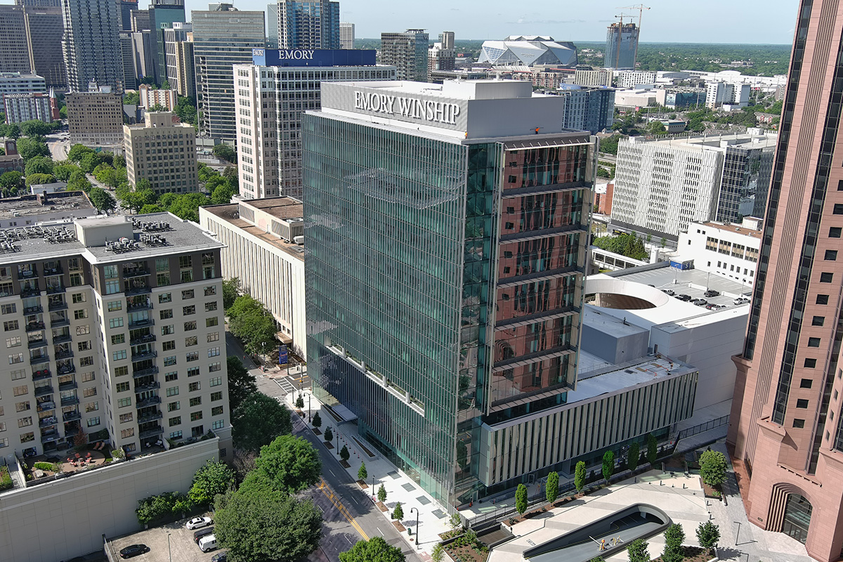Aerial view of Winship at Emory Midtown and the Atlanta skyline