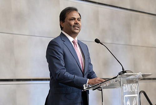 Winship Executive Director Suresh S. Ramalingam speaks to guests at the grand opening celebration.