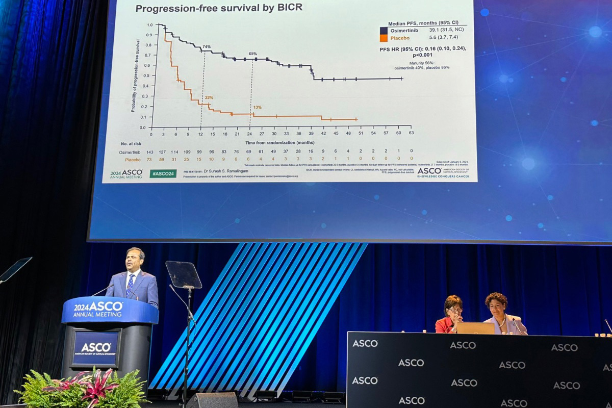 Suresh Ramalingam, MD, presenting result of LAURA trial at the 2024 ASCO Annual Meeting.